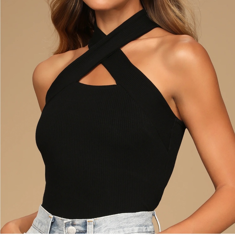 Black Ribbed Sleeveless Cutout Cross-Front Top